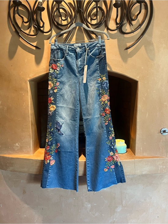 DRIFTWOOD Denim - DRIFTWOOD Blue Denim Flare Jeans with Multicolor Floral Embroidery